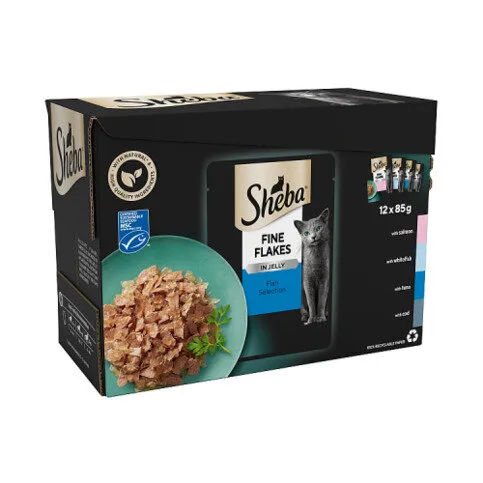 Sheba Fine Flakes Adult Cat Food Pouch Fish Selection in Jelly 12 x 85g