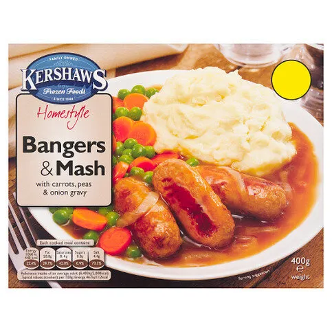 Kershaws Homestyle Bangers & Mash with Carrots, Peas & Onion Gravy 400g